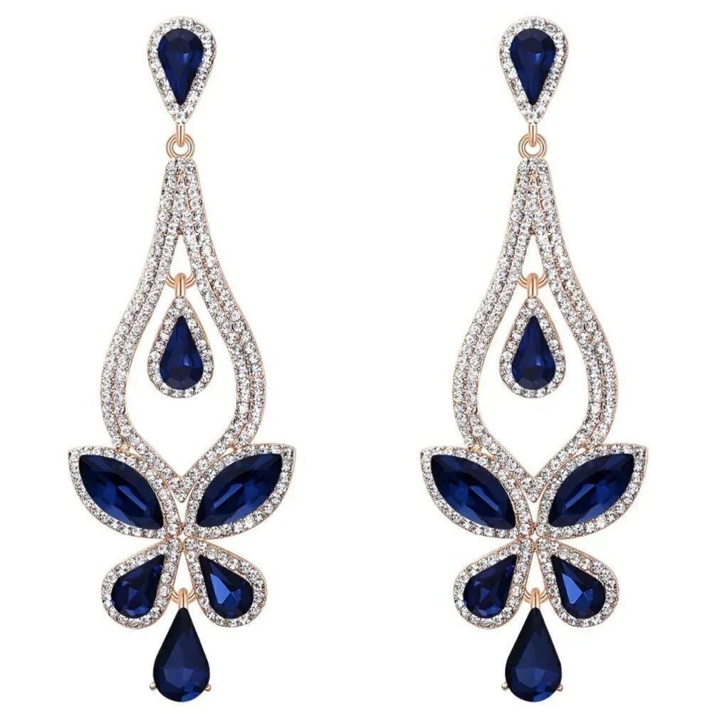 Yellow Gold with Blue Sapphire and Diamond Crystal Butterfly Chandelier Earrings